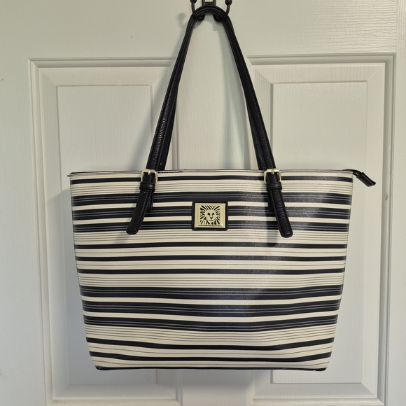 Anne Klein Black & Off-White Striped Perfect Tote Pebbled with Gold Accents - Picture 1 of 16